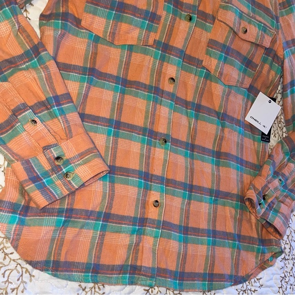 NWT O’Neill NASH FLANNEL TOP shirt peach plaid print soft cotton button up - Picture 10 of 11